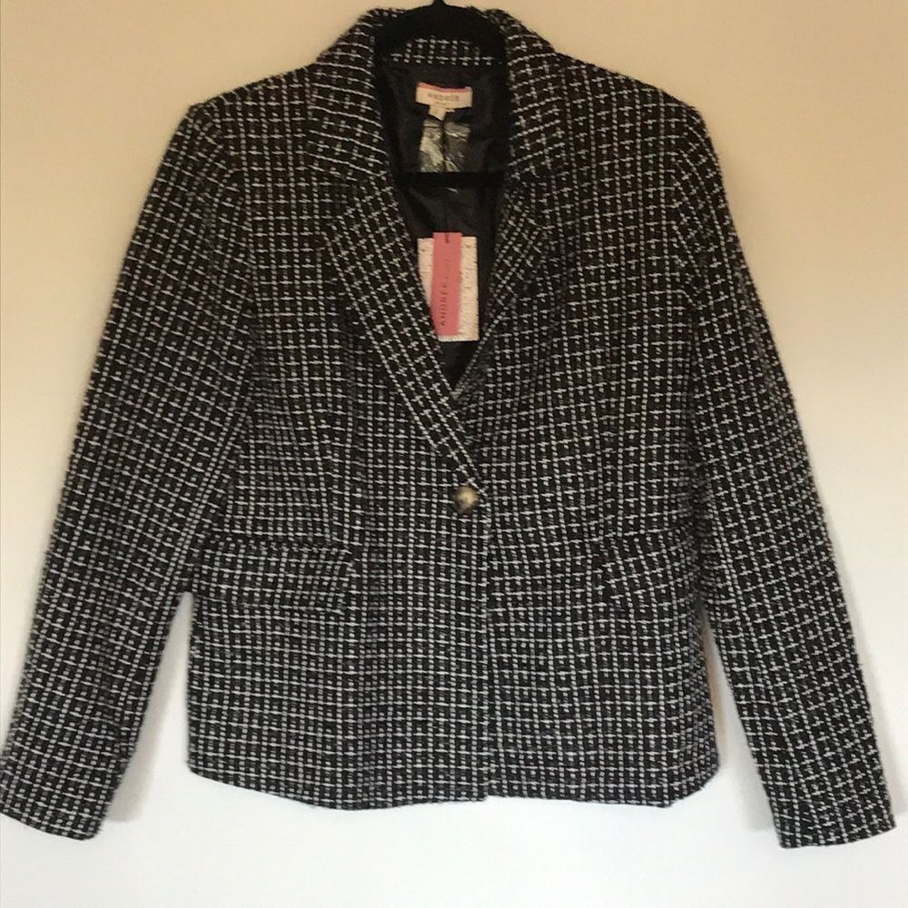 ANDREE BY UNIT Black White Blazer Career Office Womens L Plaid Suit Jacket NWT